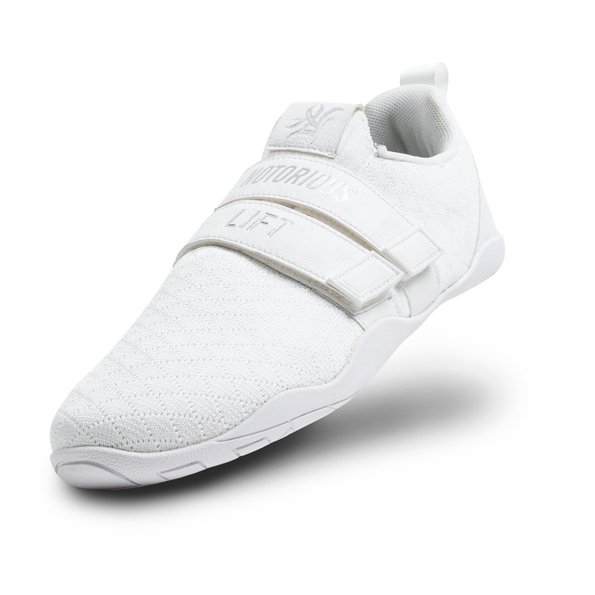 Notorious Lifters Gen 3 White angled view - dual velcro strap lockdown, 3.8mm stack height