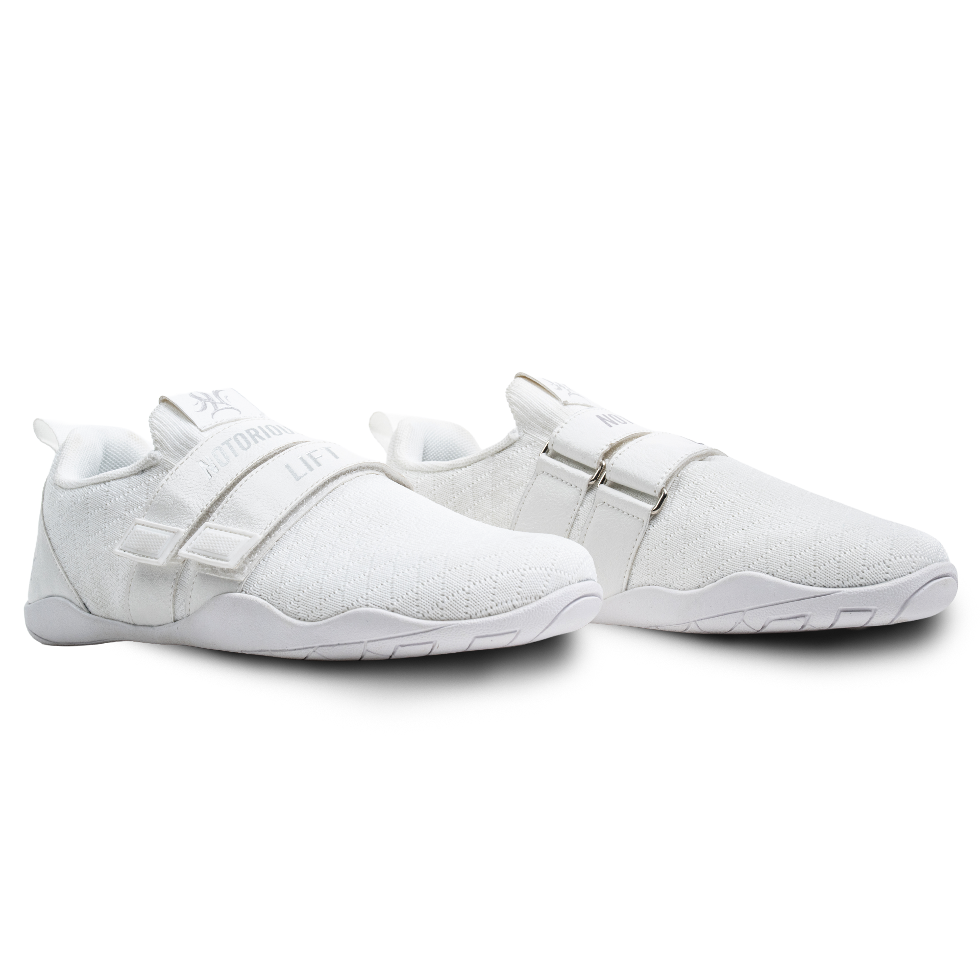 NLG3 Bliss White angled view - pair of minimalist powerlifting slippers, flexible sole