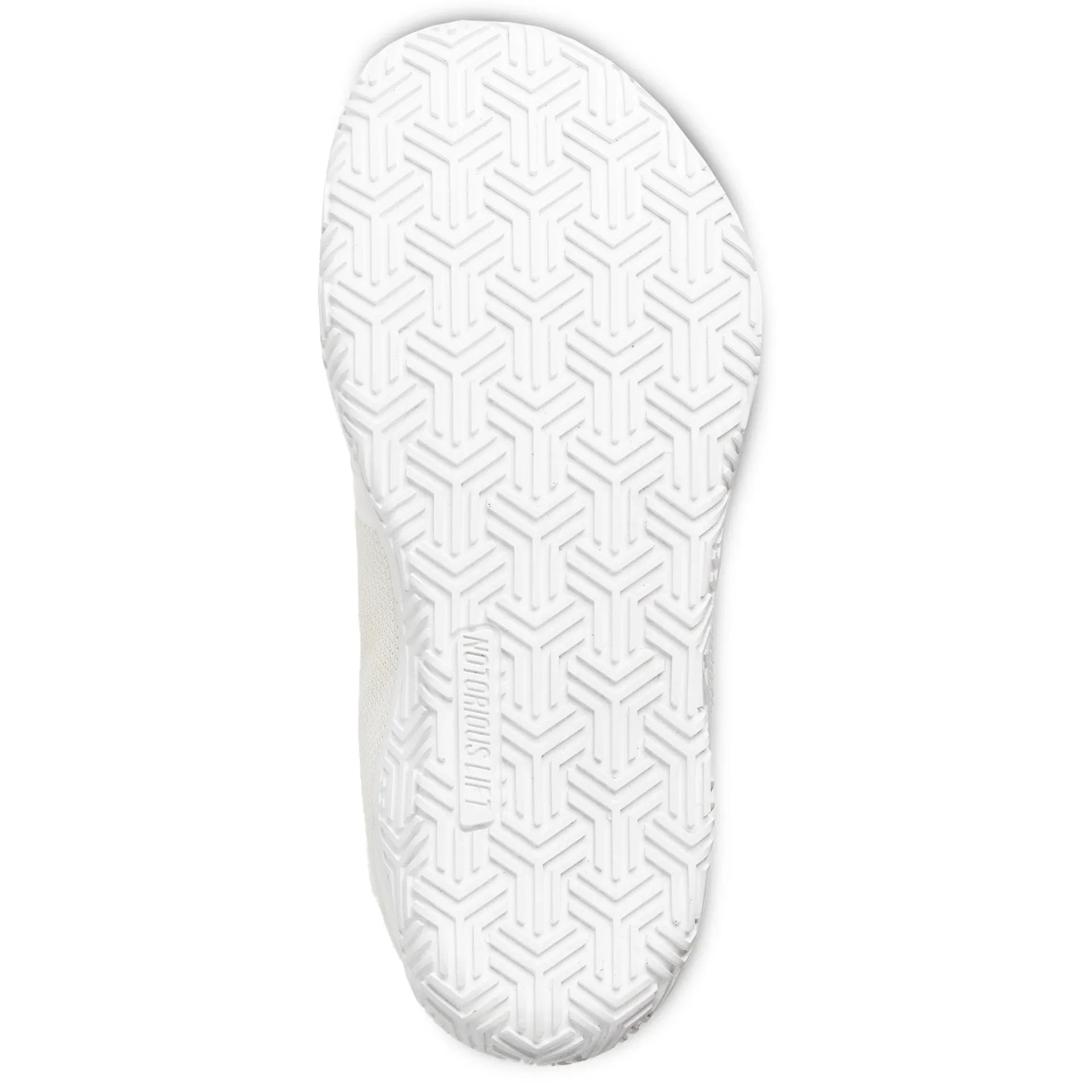 Radix Pro Bliss White sole view - ultra-thin Novus Griptech rubber outsole for powerlifting