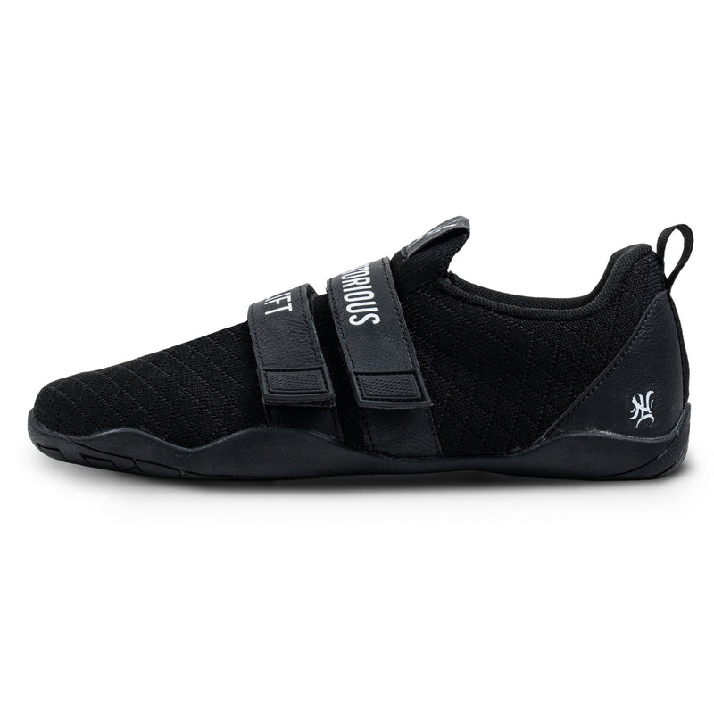 Notorious Lifters Gen 3 Stealth side view - minimalist powerlifting slipper, dual strap closure